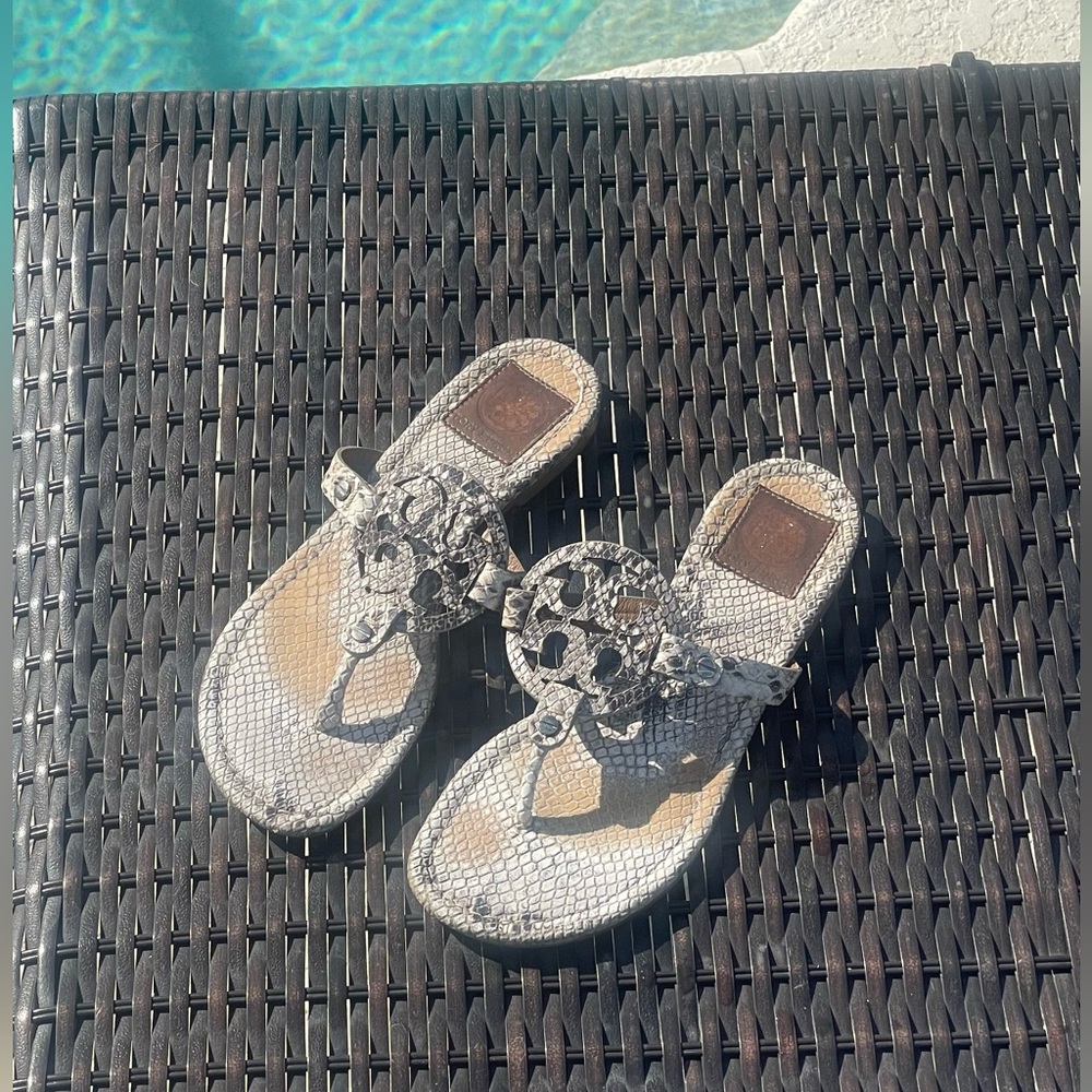 Tory Burch Silver Snake-Textured Logo Thong Sandals